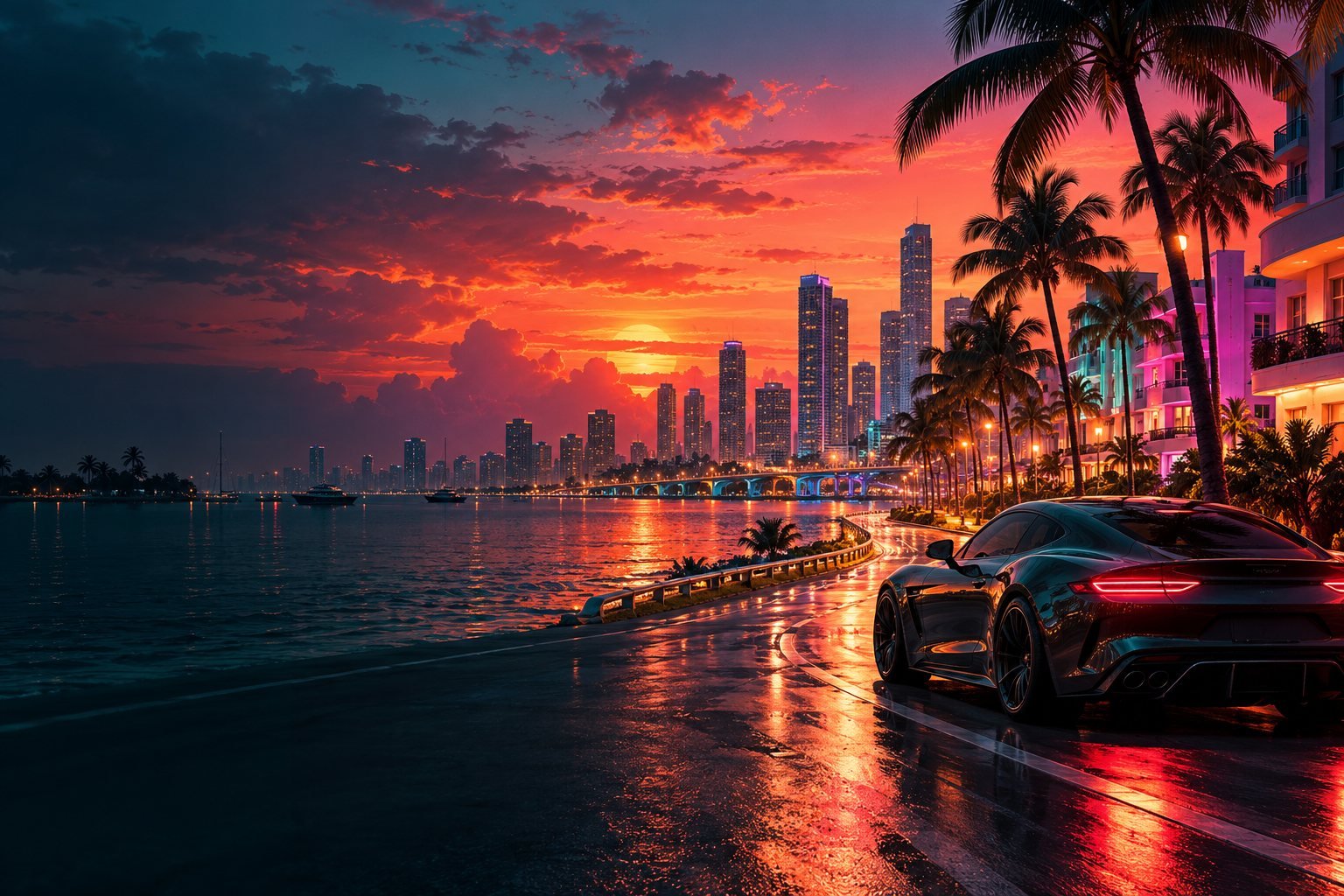 Original AI-generated coastal concept art: neon boulevard, palm trees and a sports coupe beside a sunset bay